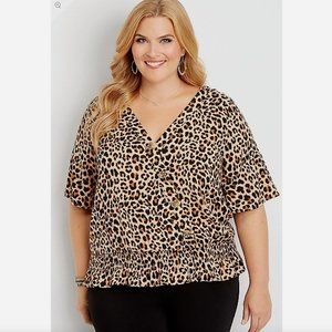 Maurices Plus Size 2X Leopard Print Smocked Botton Top Brown Short Sleeve Casual
